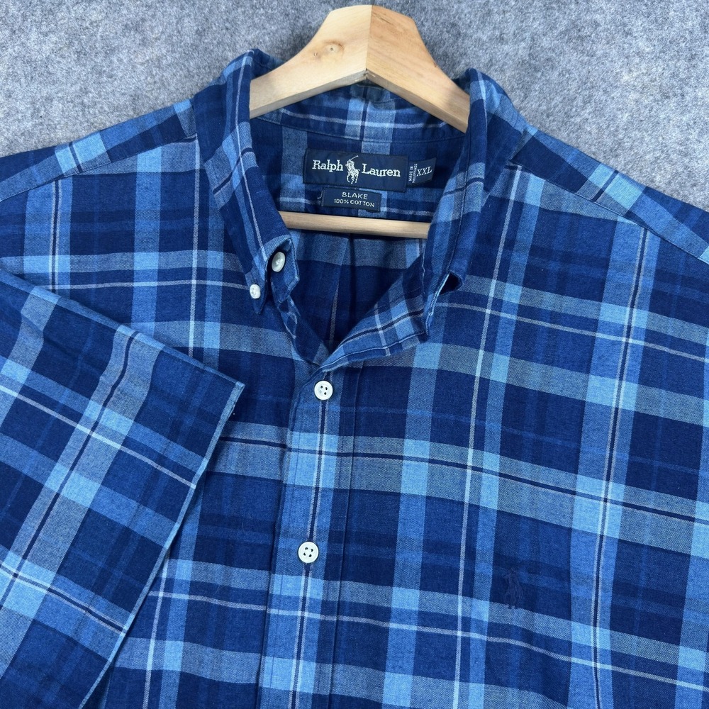 Ralph Lauren Blake Shirt Mens 2XL Blue Plaid Cotton Short Sleeve Button Down